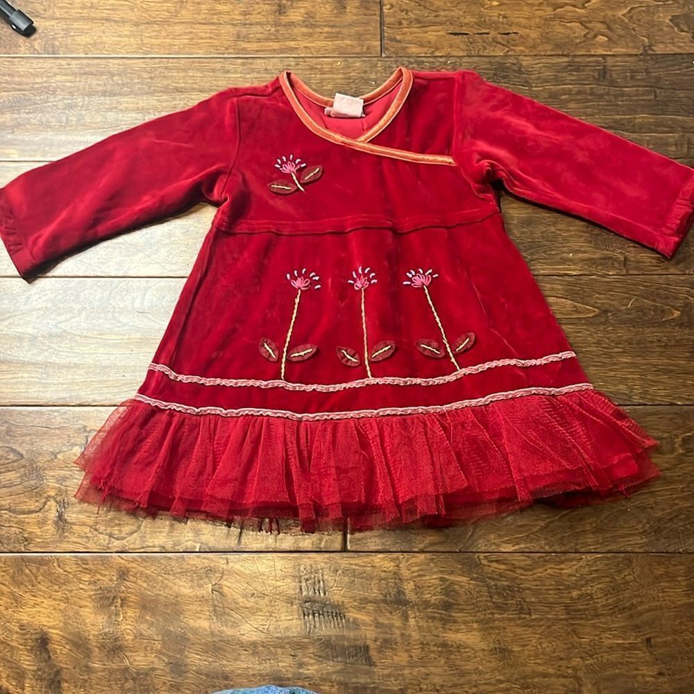 Naartjie Red Velvet Floral appliqué Faux wrap Dress, size 12-18 months